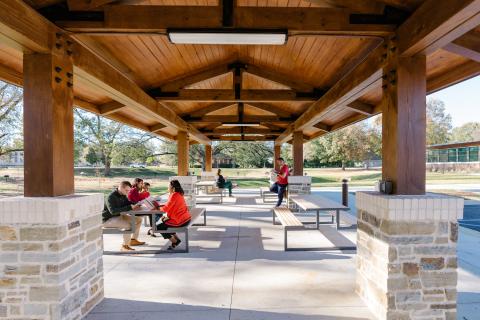 Image of pavilion with people sitting at picnic tables