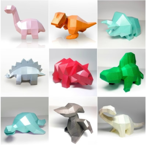 Nine dinosaurs of varying species and colors are made from folded paper.