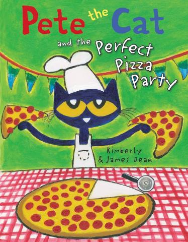 A picture of the cover of the book Pete the Cat and the Perfect Pizza Party. Pete the Cat is wearing a chef's hat holding a piece of pizza in front of a green background. 